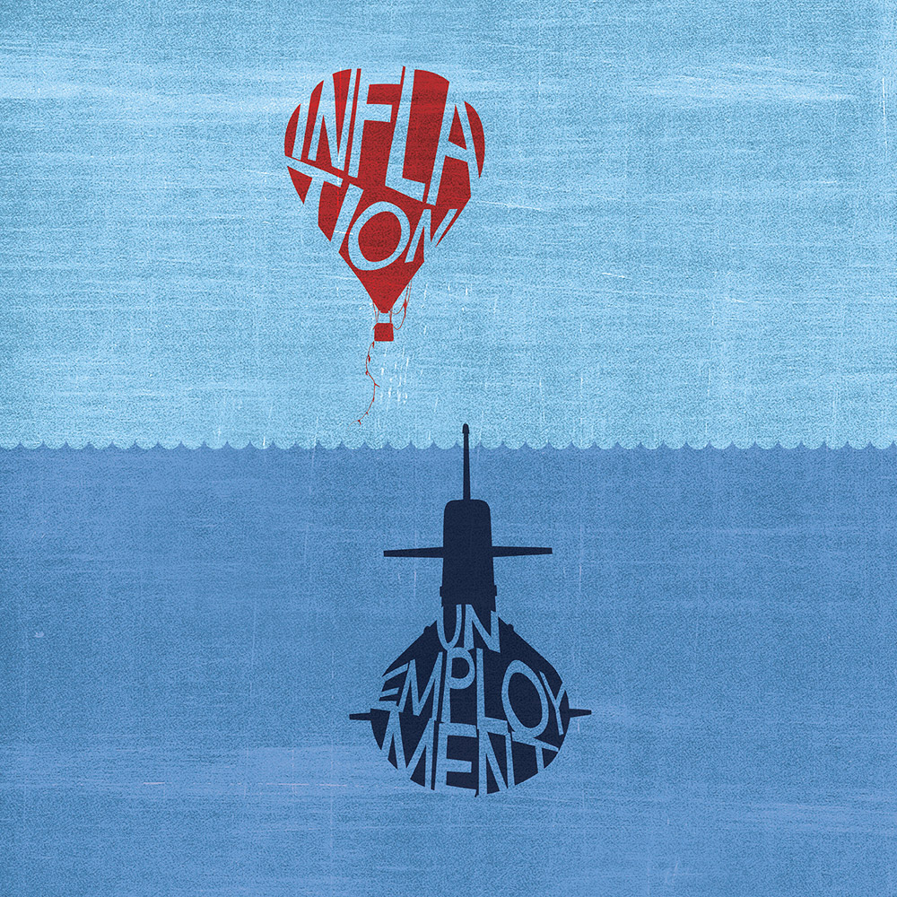 An illustration of a hot air balloon over the surface of the ocean with a submarine below. The balloon reads 'Inflation' and the sub reads 'Unemployment.'