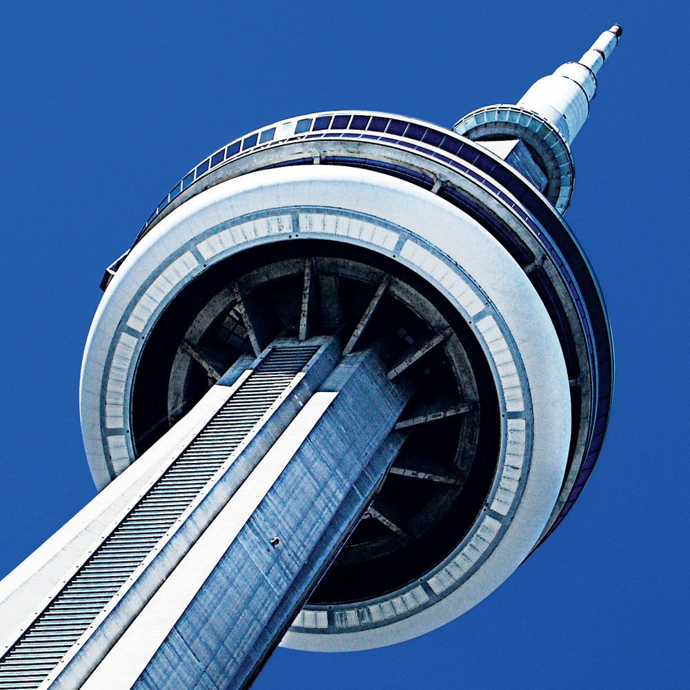 A photograph of the CN Tower from below.