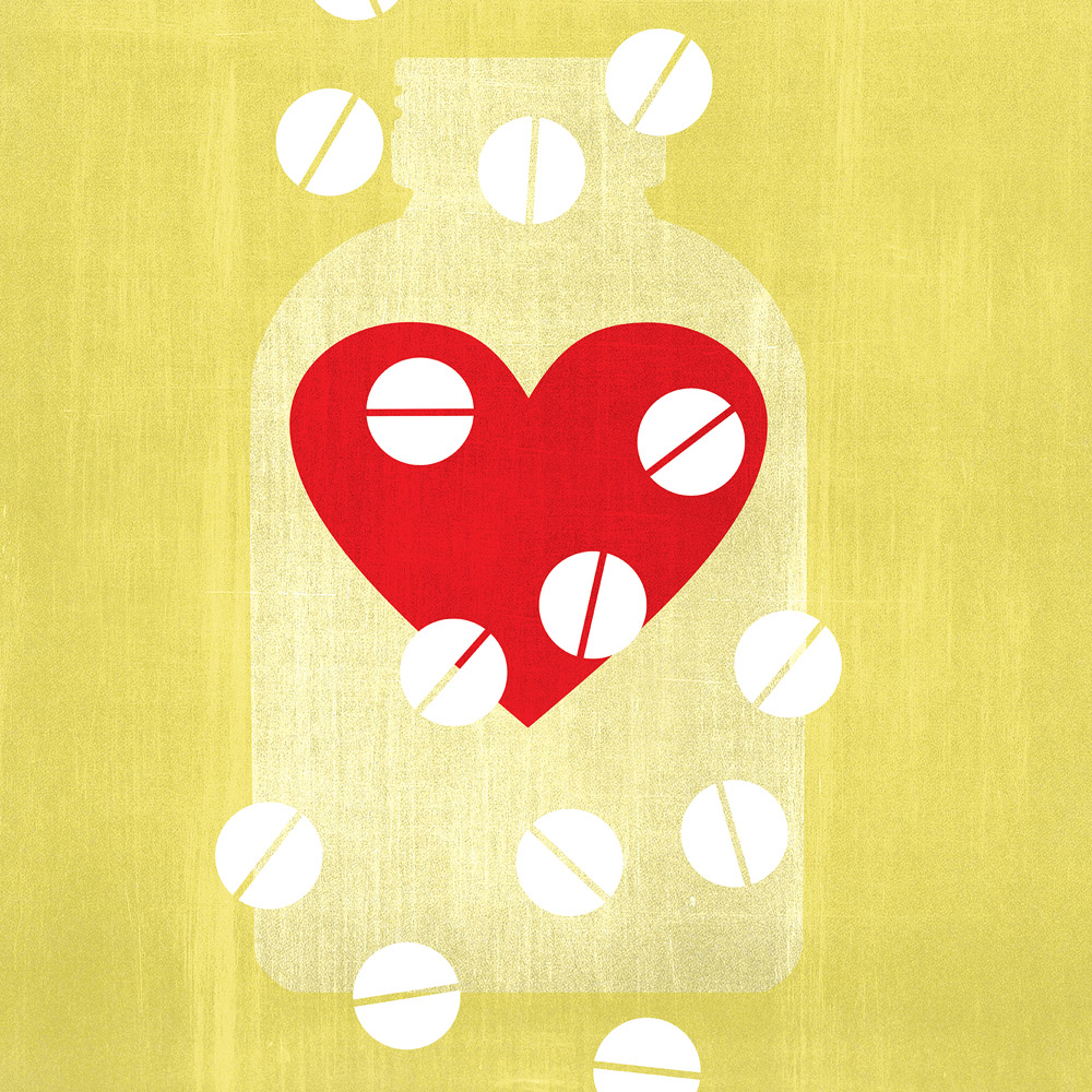 An illustration of a bottle of Aspirin with a heart on the bottle.
