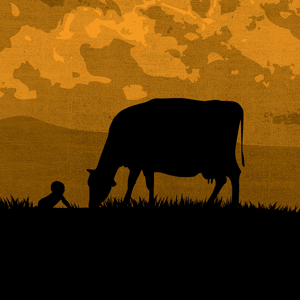 A silhouette illustration of a child on a grassy hill next to a grazing cow.