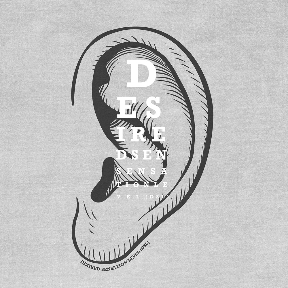 An illustration of an ear overlaid with letters that appear as an eye exam chart would.