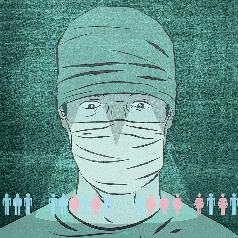 An illustration of a doctor with searchlight eyes examining groups of patients.