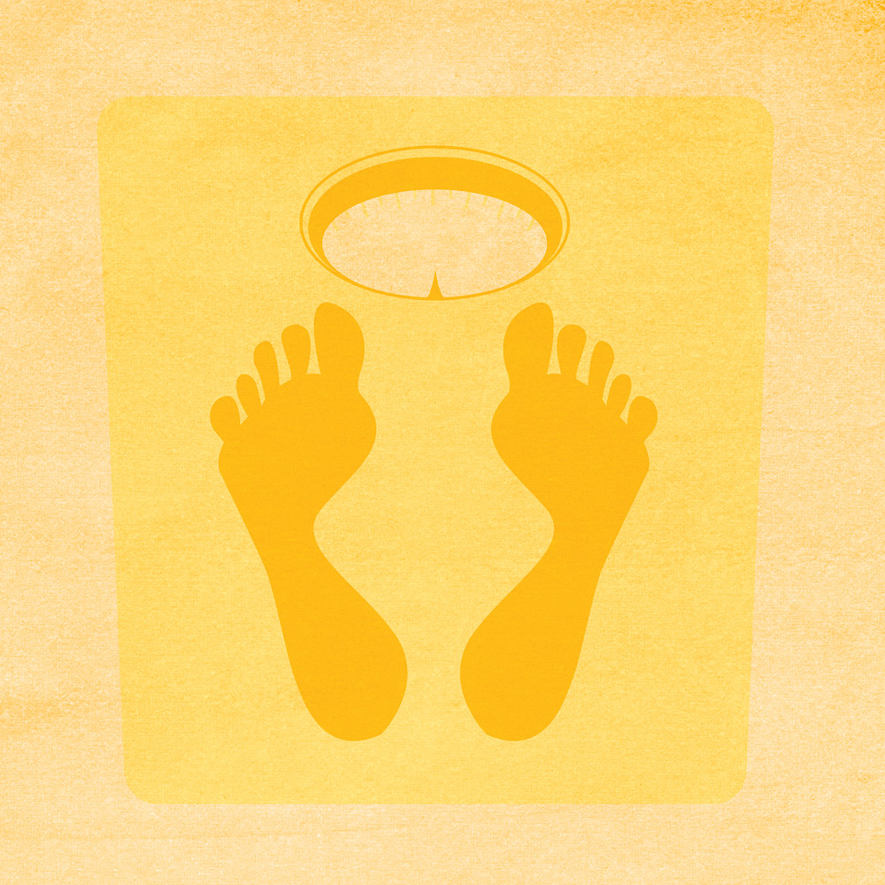 An illustration of a pair of feet on either side of a scale.