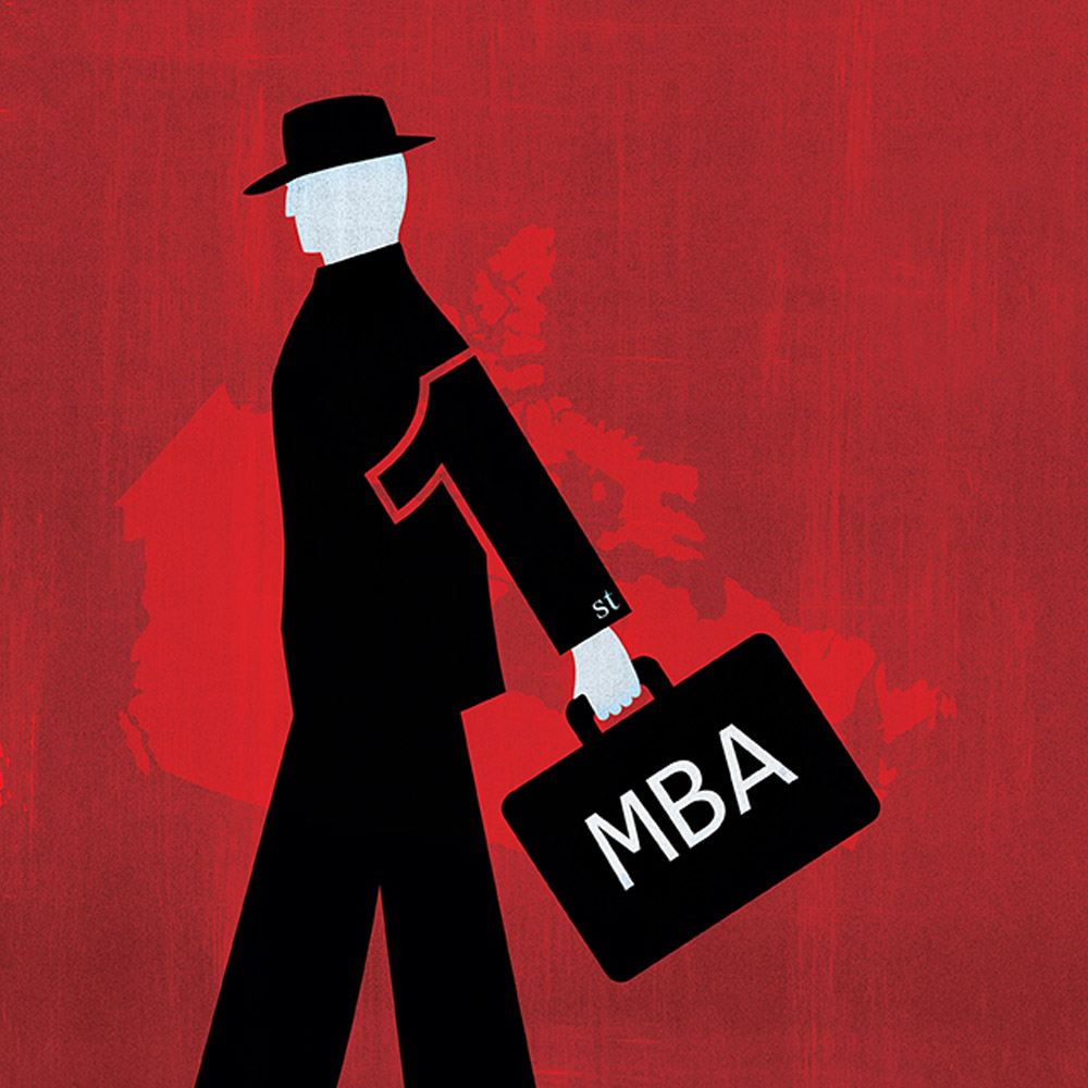 An illustration of a person in a business suit carrying a briefcase in front of a map of Canada. The person's arm is shaped like a number one, their cufflinks say 'st' and their briefcase reads 'MBA'.