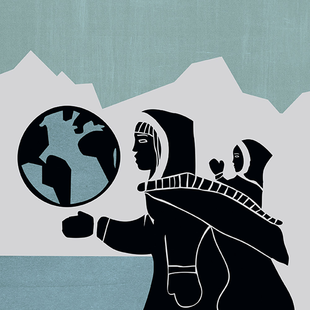 An illustration of an Inuit woman in profile with a baby on her back holding a globe in her right hand.