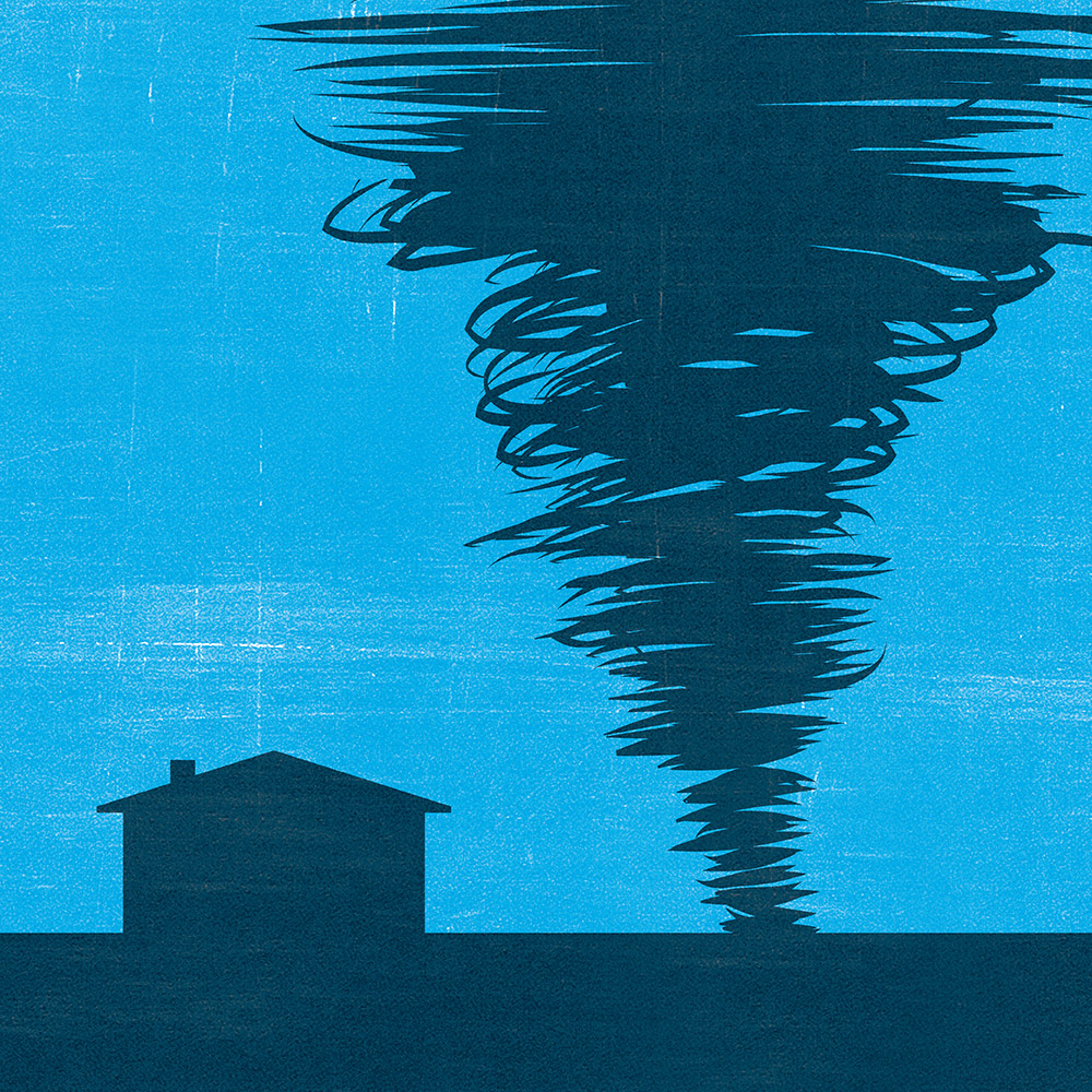 An illustration of a tornado next to house.