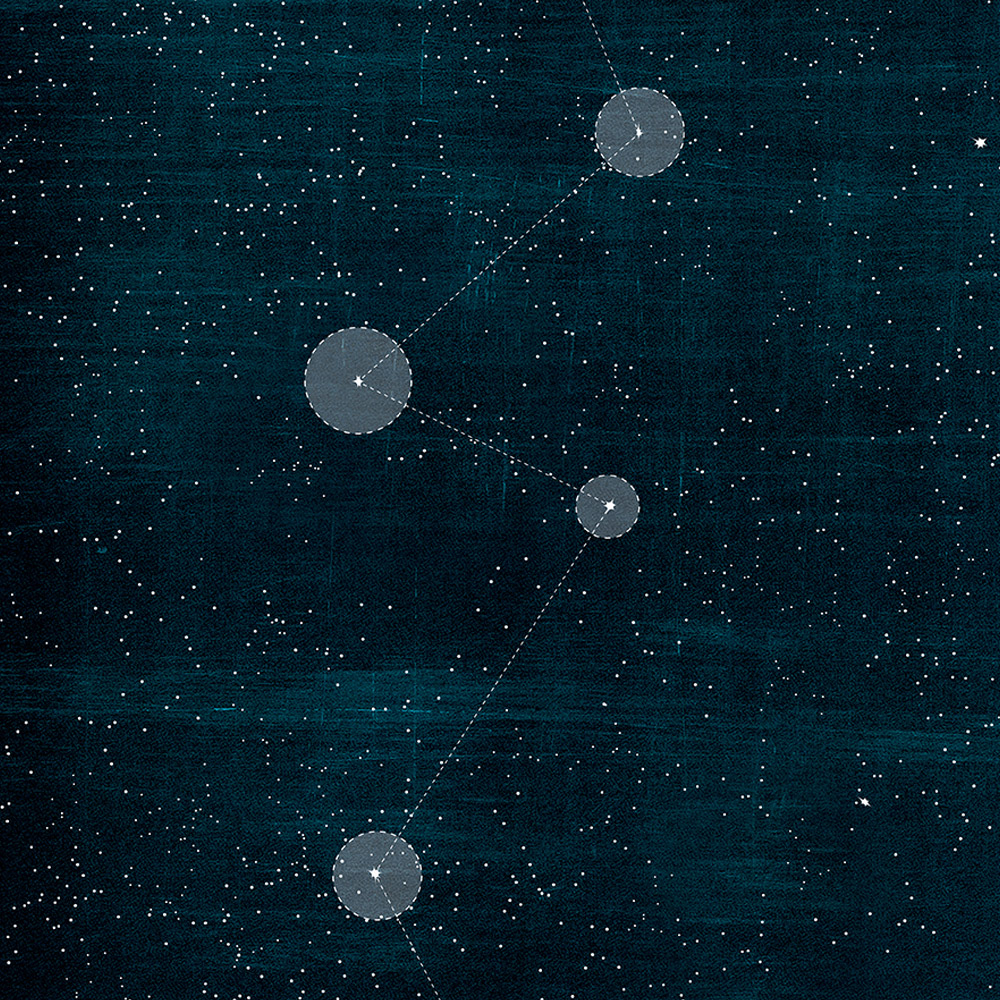 An illustration of a field of stars, some of which are connected with a dotted line.