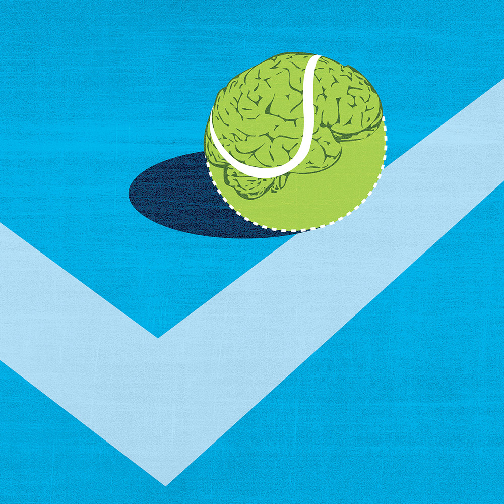 An illustration of a tennis ball at the edge of a court shaped like a human brain.