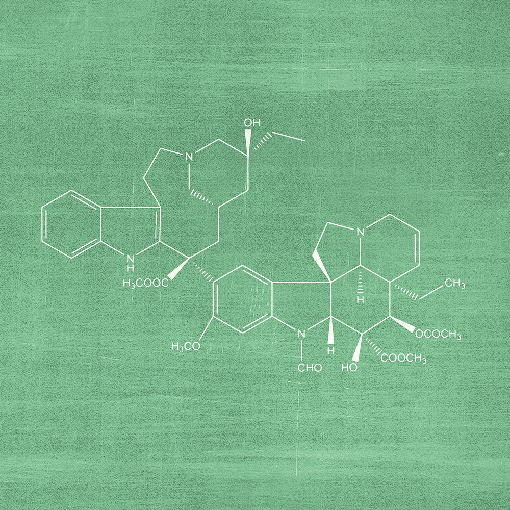 An illustration of of the chemical make up of vinblastine.