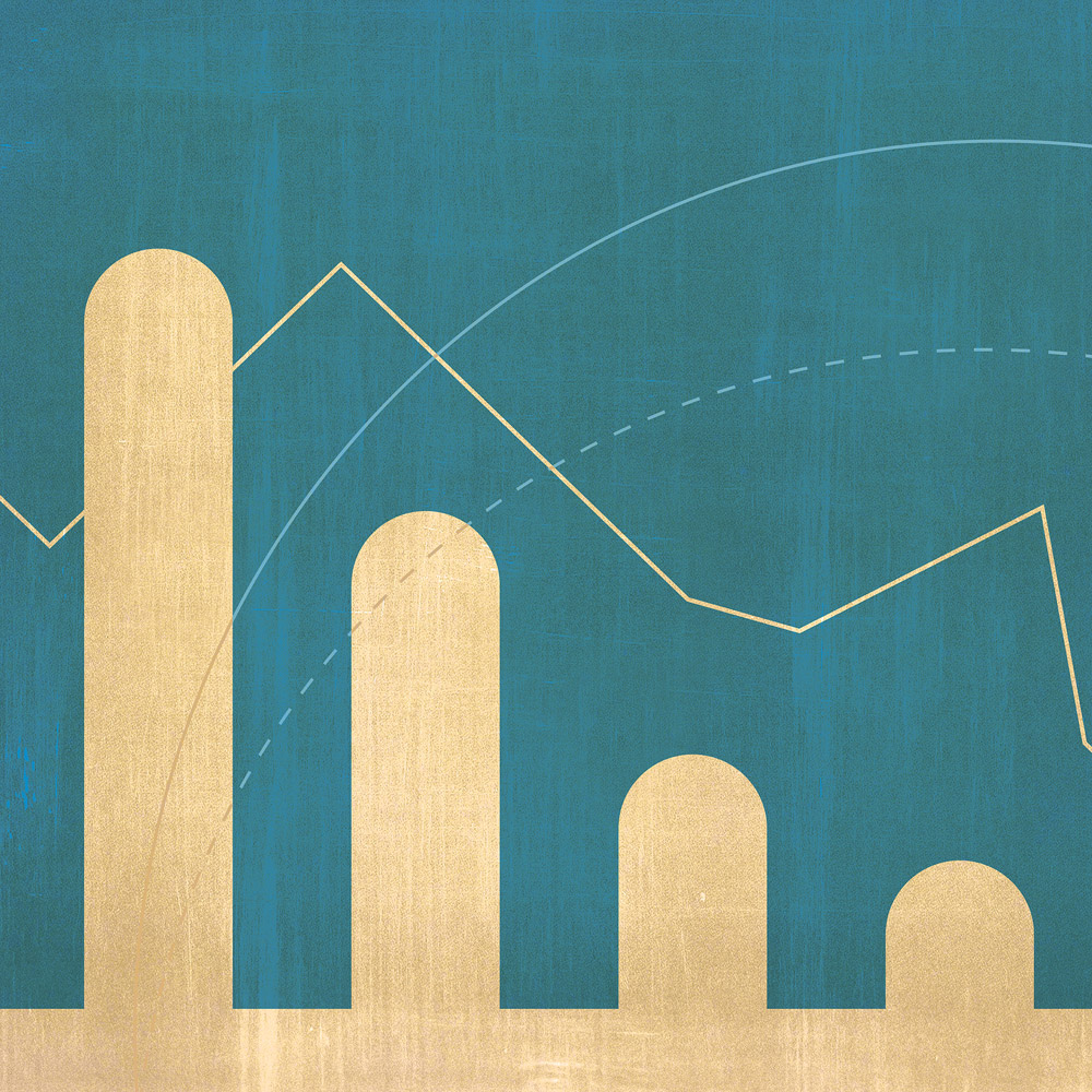 An illustration of a bar graph with a line graph above it.