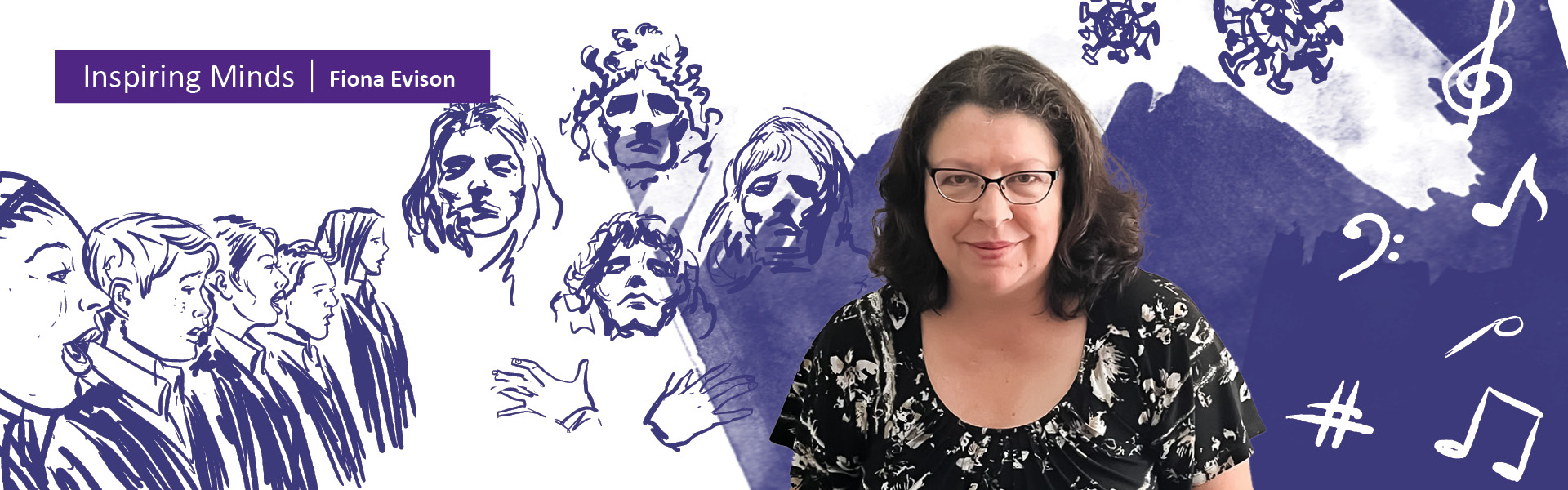 Portrait of PhD candidate Fiona Evison with illustrated backdrop