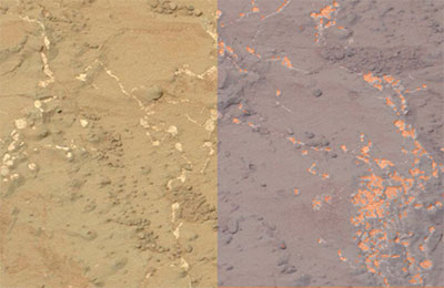 These rocks on Mars, taken by the Curiosity rover, show light-toned veins of calcium- and surphur-rich material in a host rock. The right half of the image shows how Francis's computer algorithm highlights the differences.
