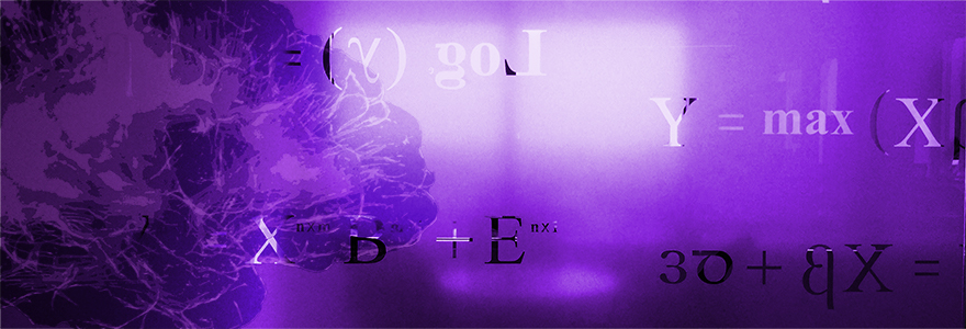 Equations on a window, with an overlay of a brain