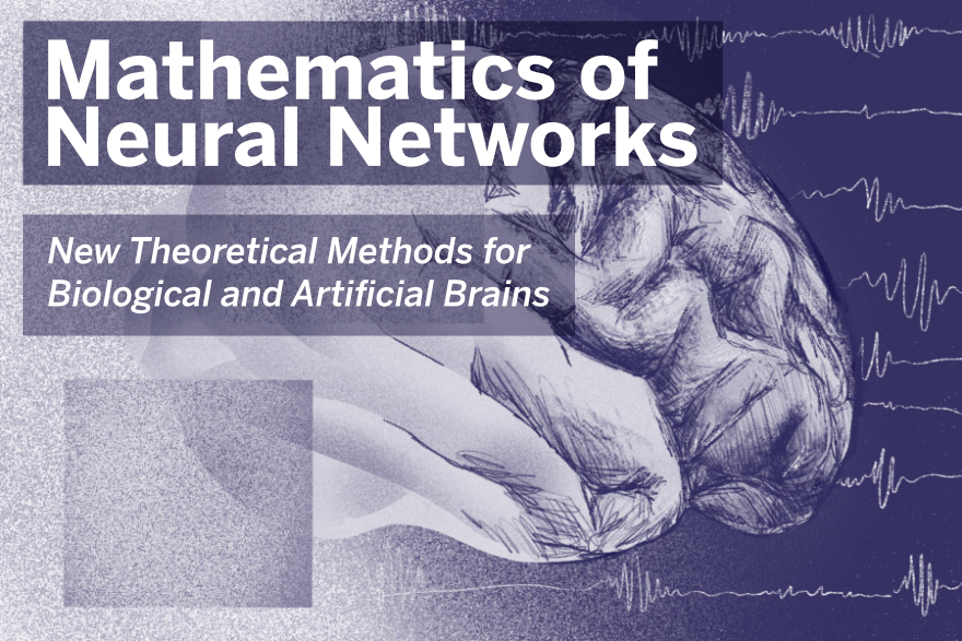 Picture of a brain, text: Mathematics of Neural Networks: New Theoretical Methods for Biological and Artificial Brains