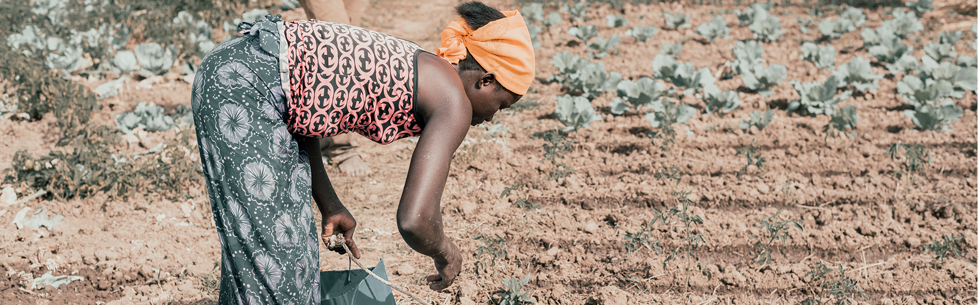 woman bent over using a jug in a field