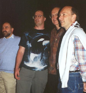 L to R: Gaston Gonnet, Rob Corless, Don Knuth, DJJ. Oct 2000. 