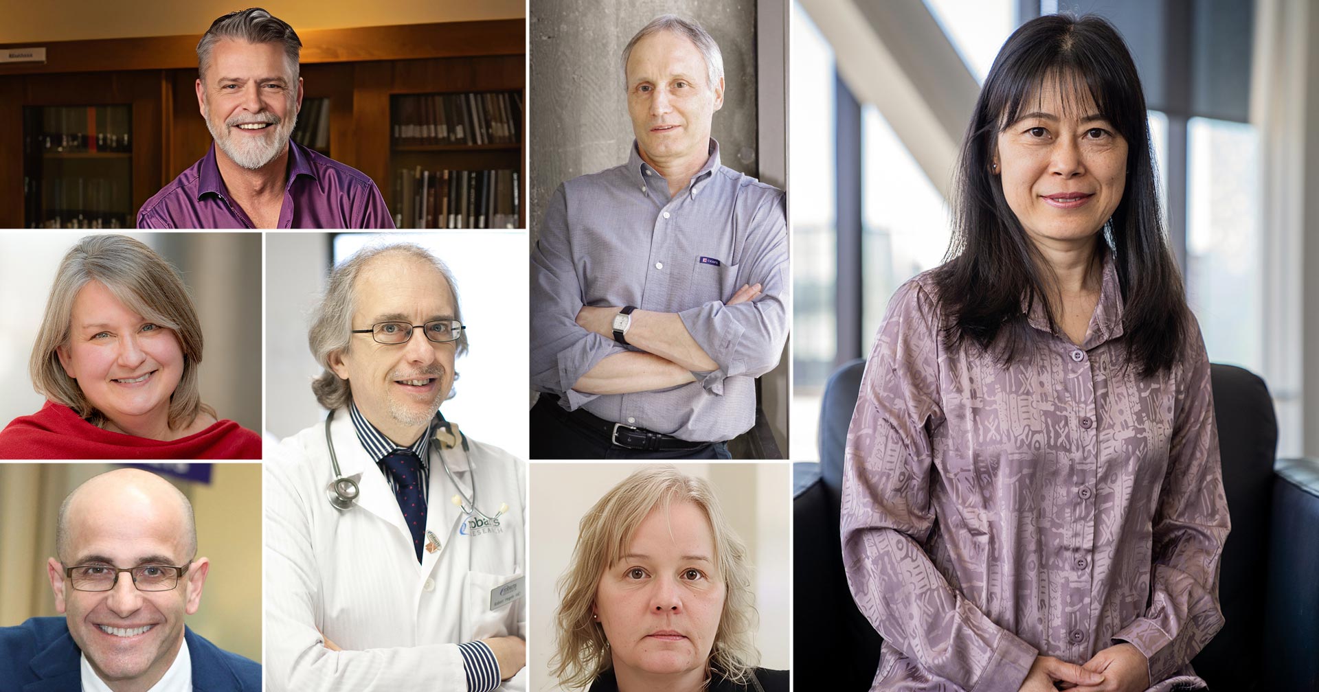 The Royal Society of Canada has recognized seven Western professors for their contributions. Six researchers were elected Fellows by their peers (clockwise, from top left) Joel Faflak, John Meyer, Ying Zheng, Julie Aitken Schermer, Dr. Robert Hegele and Juan-Luis Suárez and Angela Roberts (left, centre row) was named a Member of the College of New Scholars, Artists and Scientists. (Image design: Rob Potter/Western Communications)