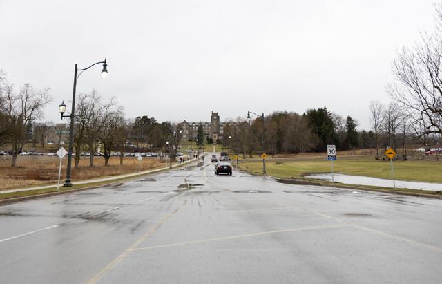 A view of the hill up to the former Brescia campus, March 16, 2026. 
