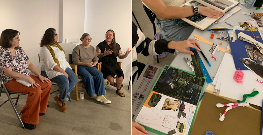 A photo of four women talking on a panel; a photo of an art workshop