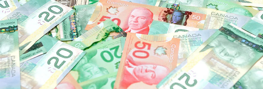 Canadian bills in various denominations laid out