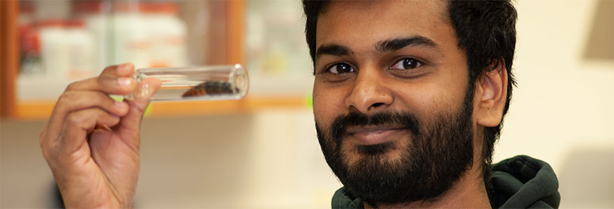 Graduate student holding a vial containig a Madagascar hissing roach for the banner
