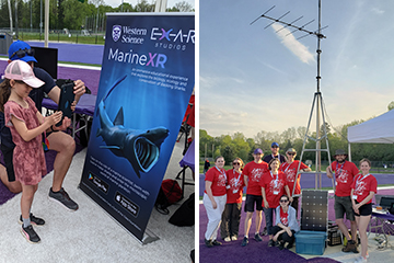 A young person exploring AR shark experience, and Science Rendezvous team with equipment