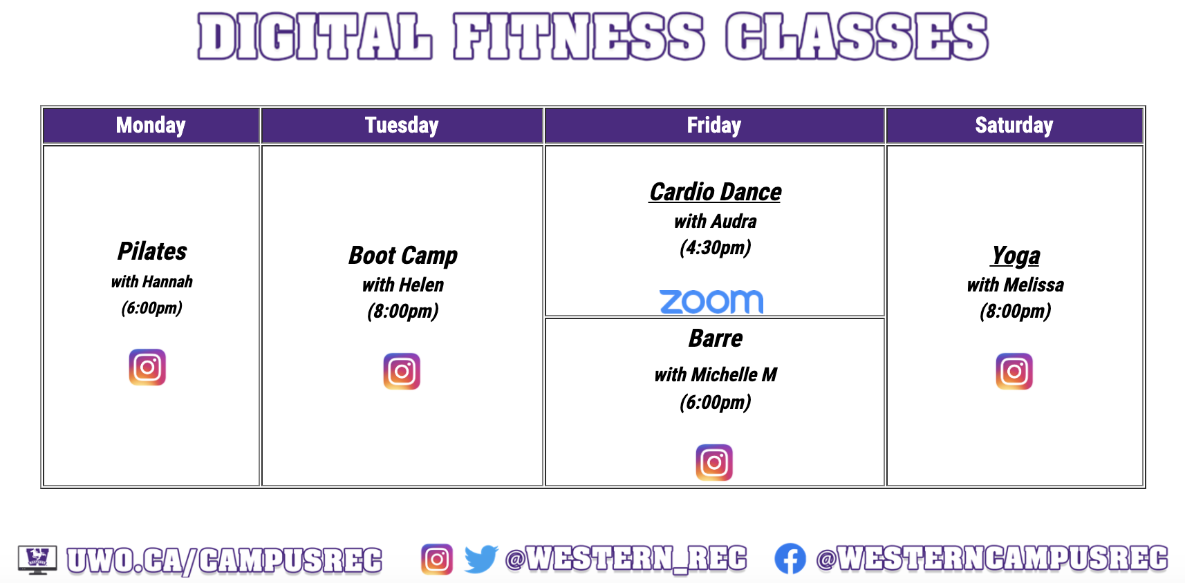 Digital Fitness Class Schedule, text version below