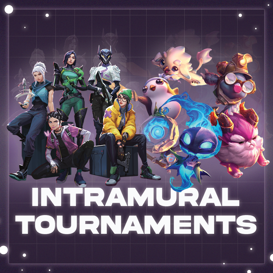 Esports Valorant and Teamfight Tactics graphics. Purple background. Esports Intramural Tournaments.