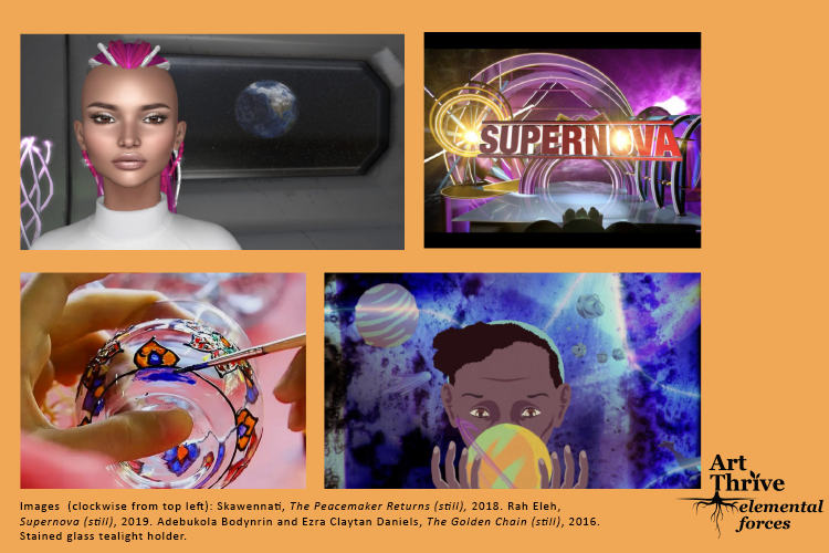 Images  (clockwise from top left): Skawennati, The Peacemaker Returns (still), 2018. Rah Eleh, Supernova (still), 2019. Adebukola Bodynrin and Ezra Claytan Daniels, The Golden Chain (still), 2016. Stained glass tealight holder.  