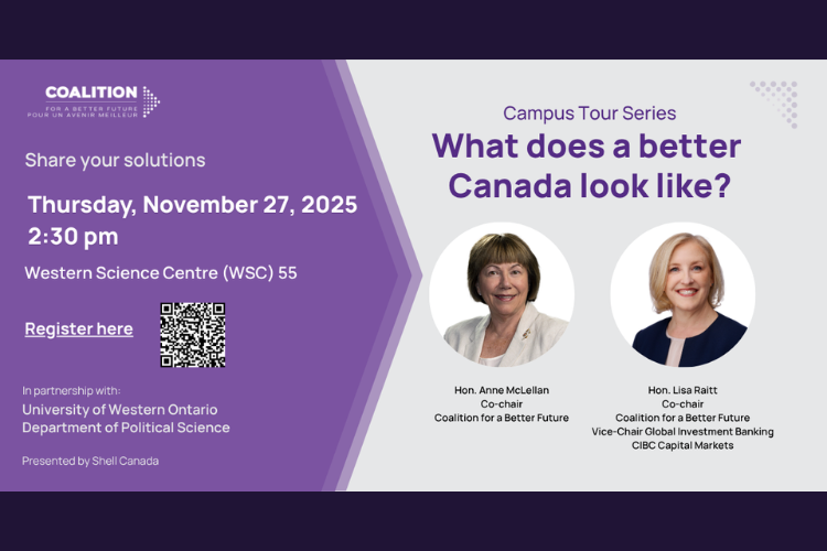 Event poster with details and images of former federal ministers Hon. Anne McLellan and Hon. Lisa Raitt