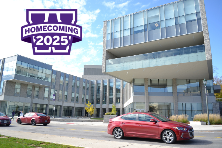 Exterior shot of the FIMS and Nursing Building on a sunny day with the Western Homecoming 2025 Logo overlaid