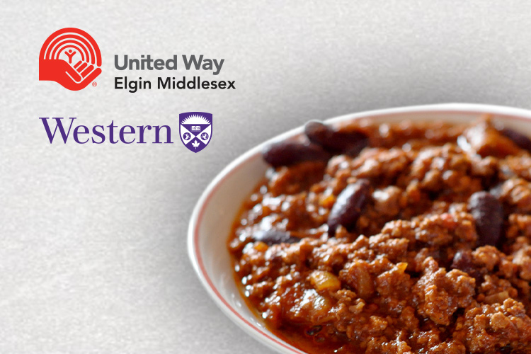 A bowl of chili with the Western logo and the United Way logo.