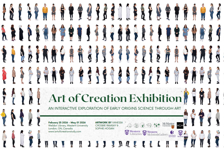 A photo depicting many different pregnant people on a white background. With the words 'Art of Creation Exhibition'