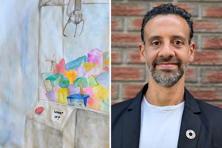 artwork depicting a claw machine by Ana Lenati Patricio, and a headshot of Luis Patricio