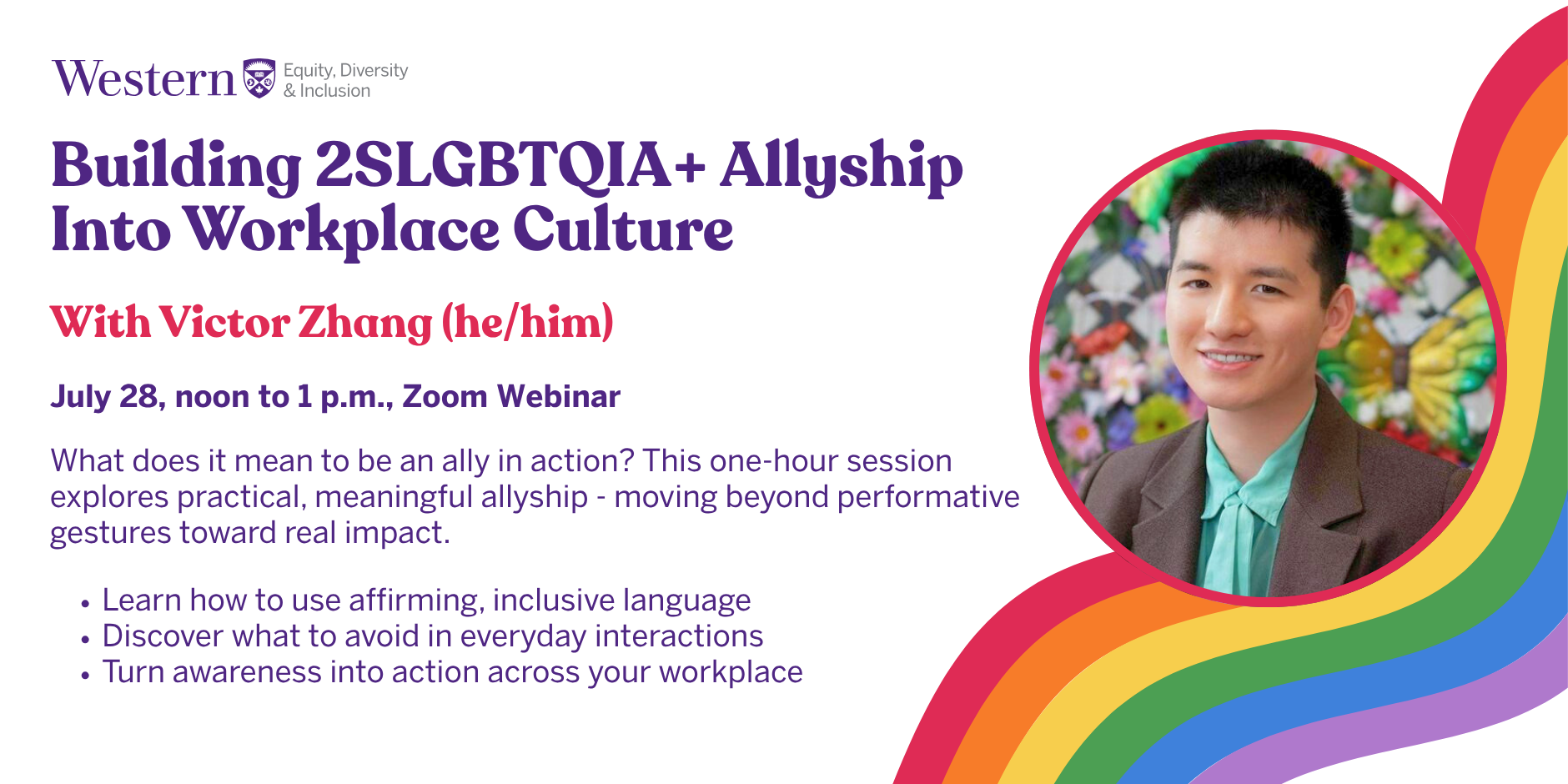 An image of Victor Zhang, our speaker, in front of a rainbow graphic for Pride