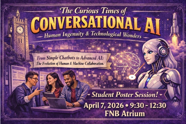 AI-generated image for poster session featuring three people and an android