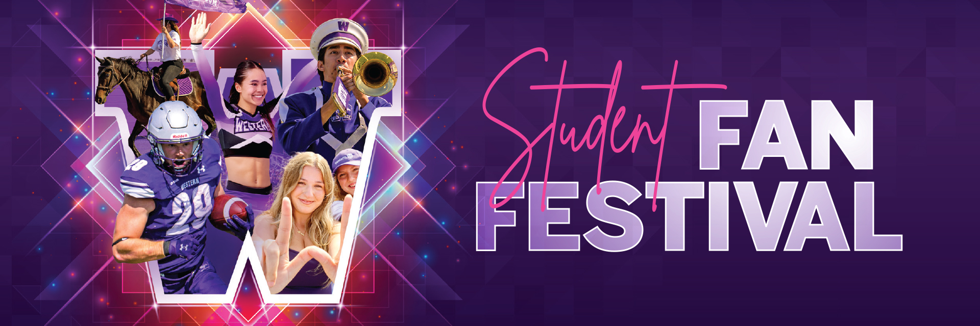 Collage with cutouts of Homecoming activities in the shape of a W and text reading Student Fan Festival