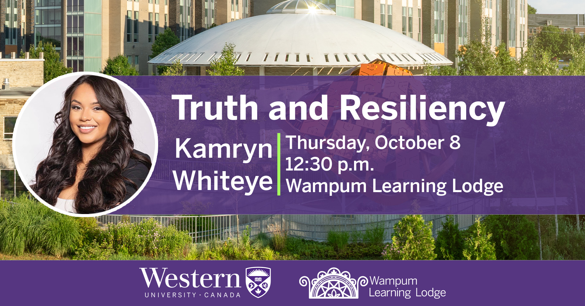 Banner of event title and photo of speaker Kamryn Whiteye