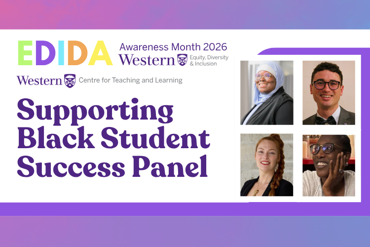 An image of four diverse faculty members smiling at the camera in their respective headshots set against a purple backdrop