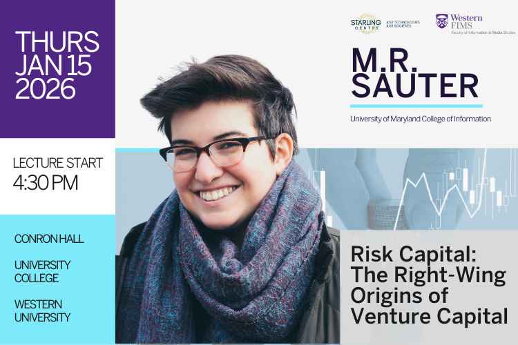 A photo of M.R Suater with lecture title. "Risk Capital: The Right Wing Origins of Venture Capital" 