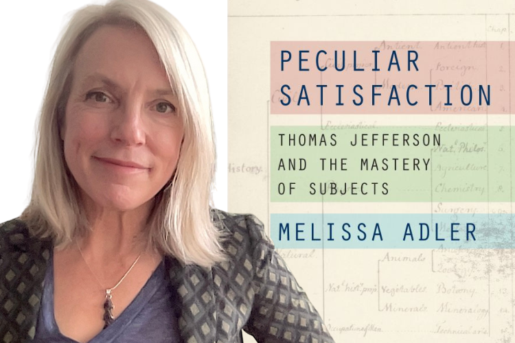 A headshot of Melissa Adler overlaid on top of her latest book cover.