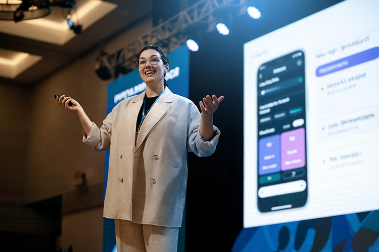 Woman presenting an app on screen