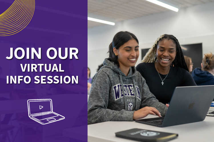 two students at a computer with the words join our virtual session