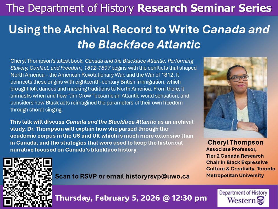 Poster for Cheryl Thompson's lecture in the Research Seminar Series, Feb. 5th, 2026