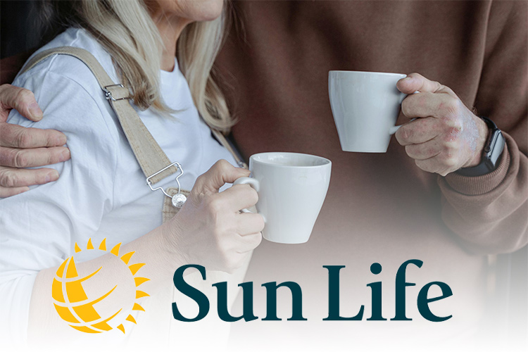 Two people holding mugs and the Sun Life logo