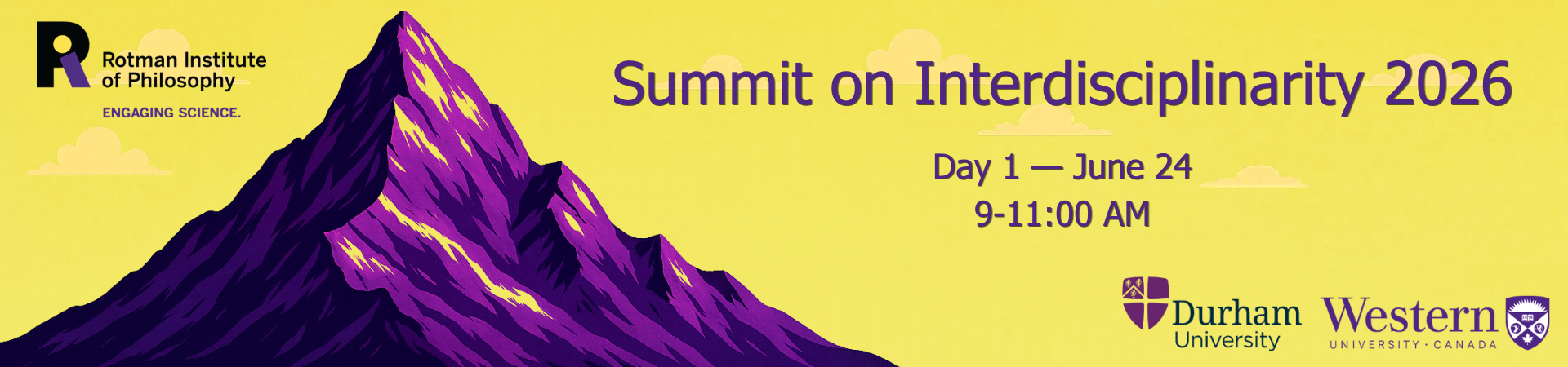 Purple mountain, yellow sky. title, date, organizers.