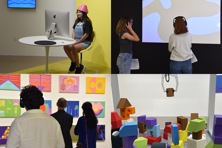 gallery visitors contemplate installations in the exhibition Three Dimensions: wearing headphones, looking at paintings, and a large claw crane game sculpture