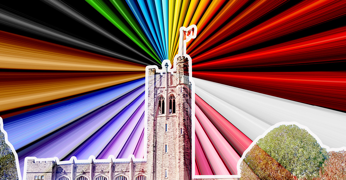 UC Tower with an array of colors in the background celebrating Pride Month
