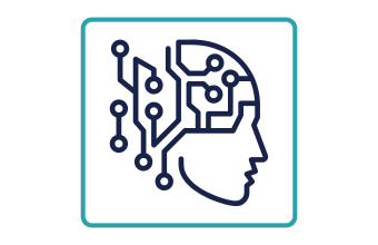 The image presents an icon depicting a stylized human head in profile facing to the right, with a circuit board pattern overlayed on the brain. The circuit board pattern consists of interconnected lines and circles. The background is white, the head and circuit board are outlined in dark blue. The image is enclosed in a turquoise square frame.