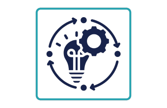 The image presents a stylized icon of a lightbulb and gear, surrounded by a circle with four dots, each accompanied by an arrow that points outward. The background is white, the lightbulb, gear and circle pattern are outlined in dark blue. The image is enclosed in a turquoise square frame.